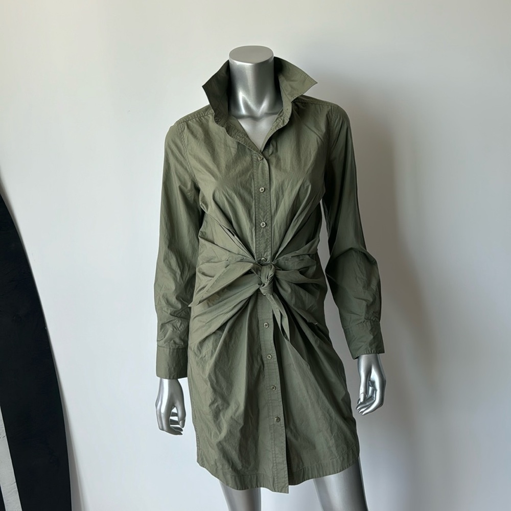Long sleeve olive green shirt, dress. All buttons in tact. No stains